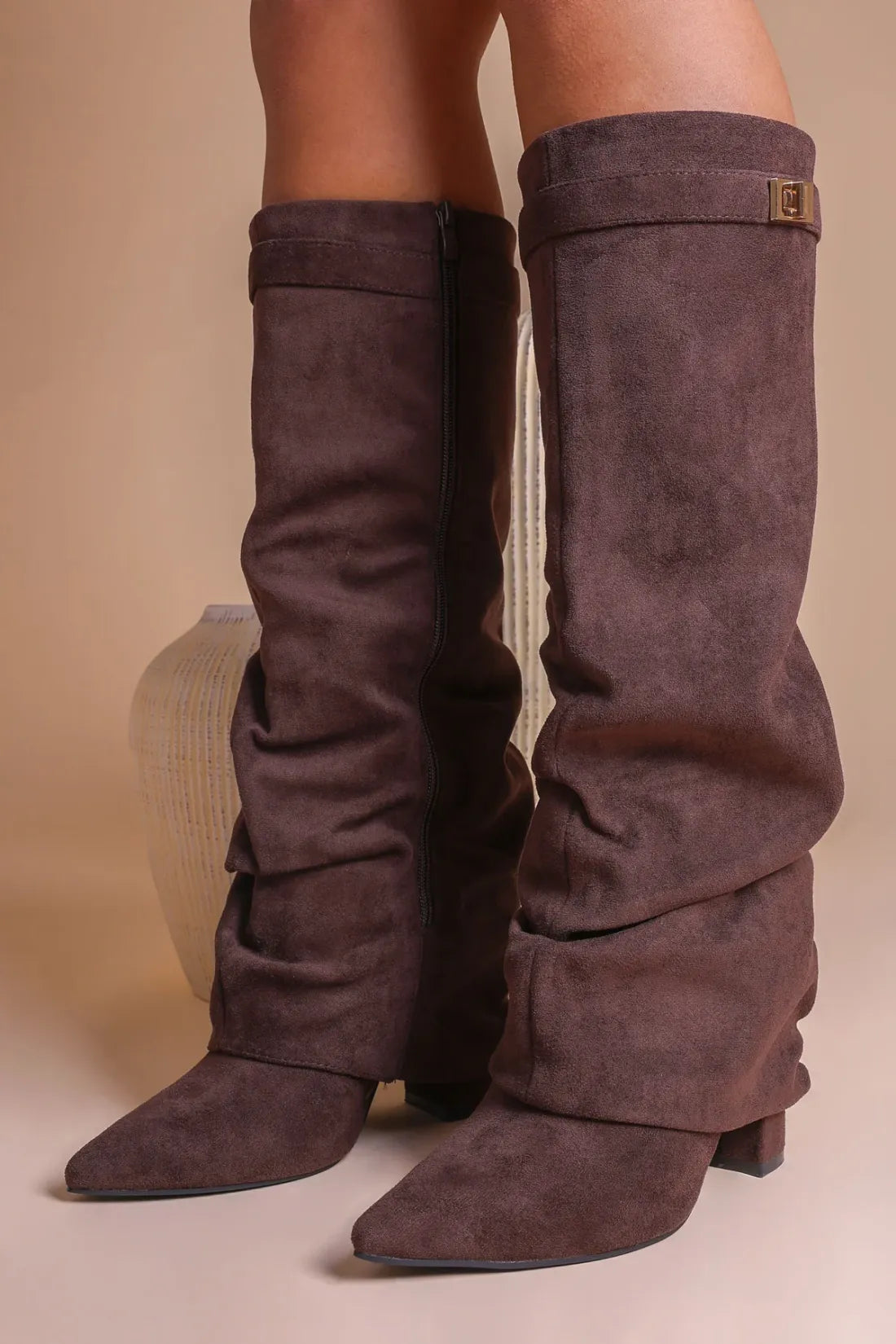 Faux Suede Slouchy Fold Over Shark Boots
