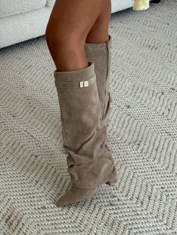 Faux Suede Slouchy Fold Over Shark Boots
